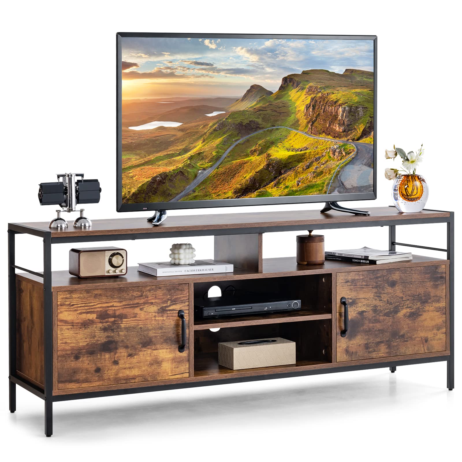 Meuble TV Tangkula pour téléviseurs jusqu'à 65" - Console TV de 58" avec armoires latérales et étagère réglable